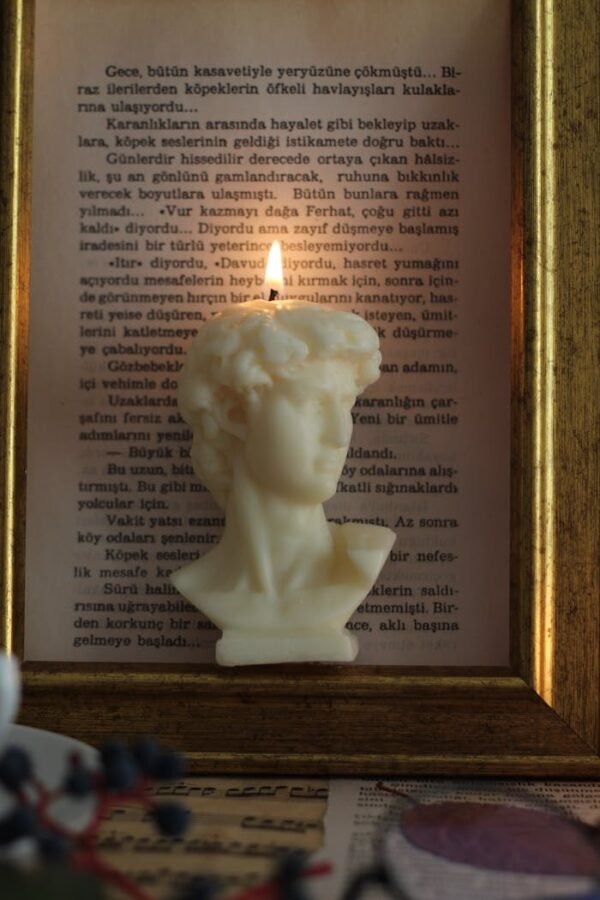 Carved bust candle in a framed setting with text background, creating vintage still life ambiance.